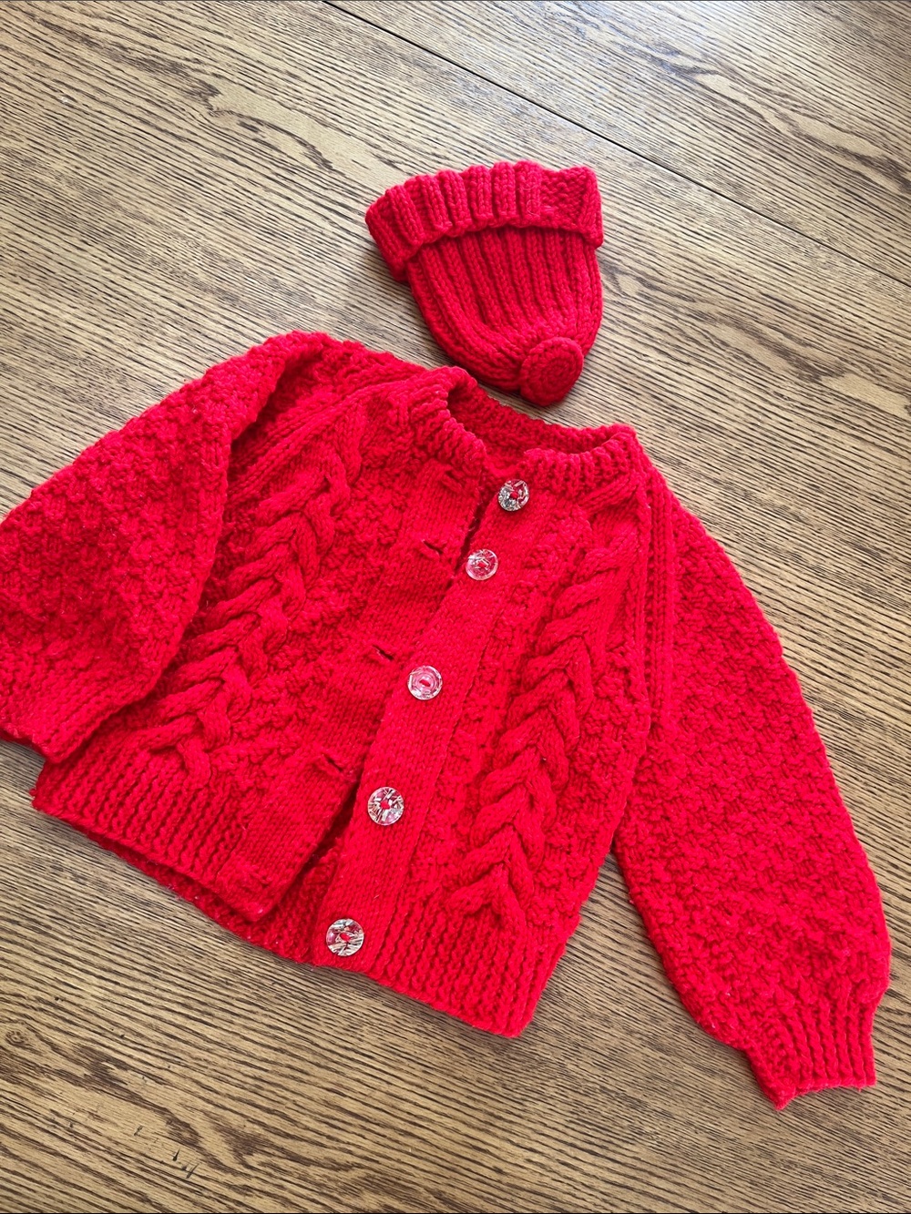 Vintage Red Knit Baby Cardigan with Matching Beanie - Kids Jackets & Coats